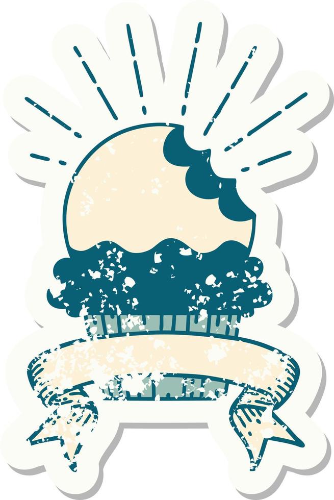 worn old sticker of a tattoo style cupcake with missing bite vector