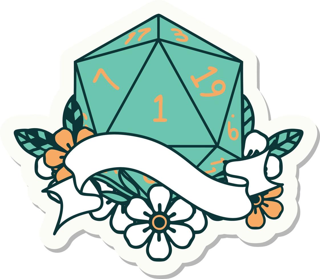 sticker of a natural one d20 dice roll vector