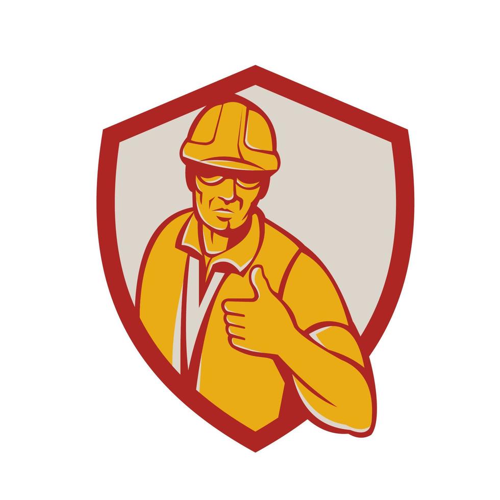 trabajador de la construcción pulgar arriba escudo retro vector