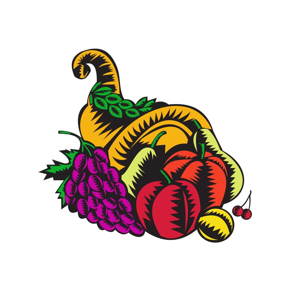 Cornucopia Fruit Harvest Woodcut vector
