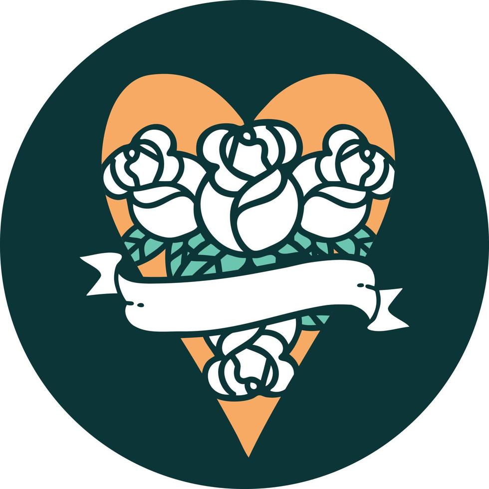 iconic tattoo style image of a heart and banner with flowers vector