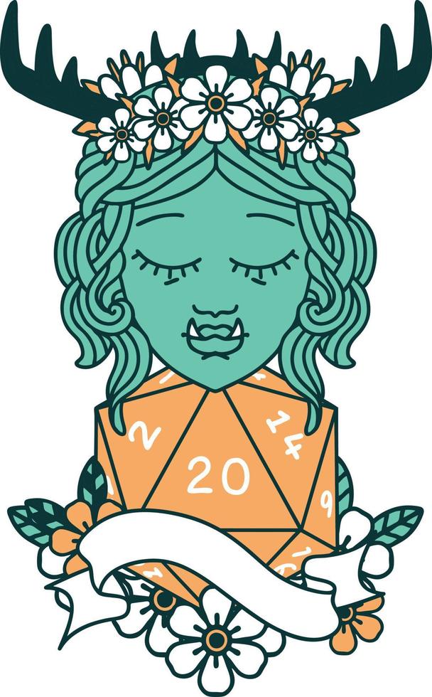 Retro Tattoo Style half orc druid character with natural 20 dice roll vector