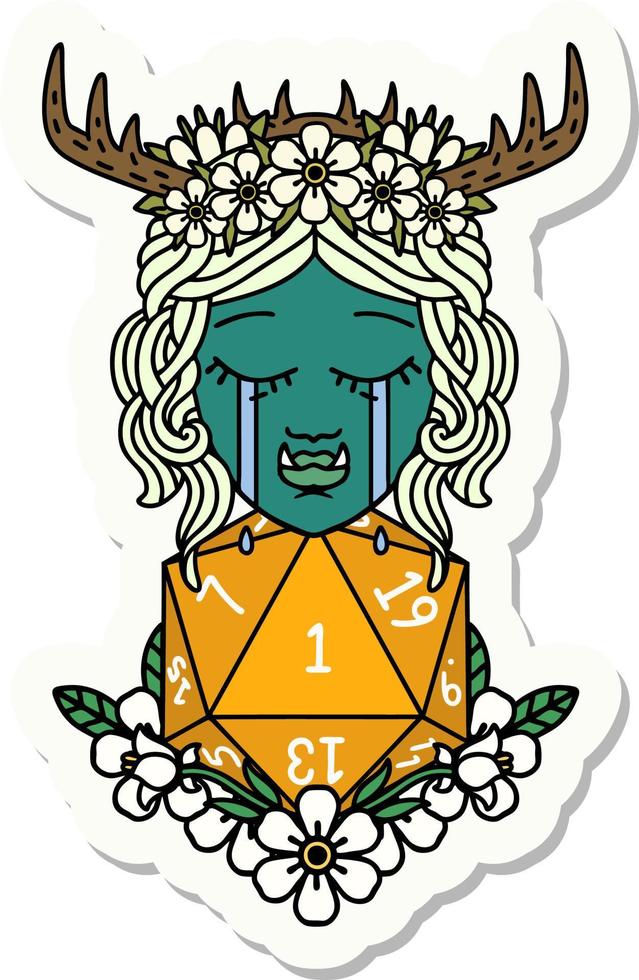 sticker of a sad half orc druid character with natural one dice roll vector