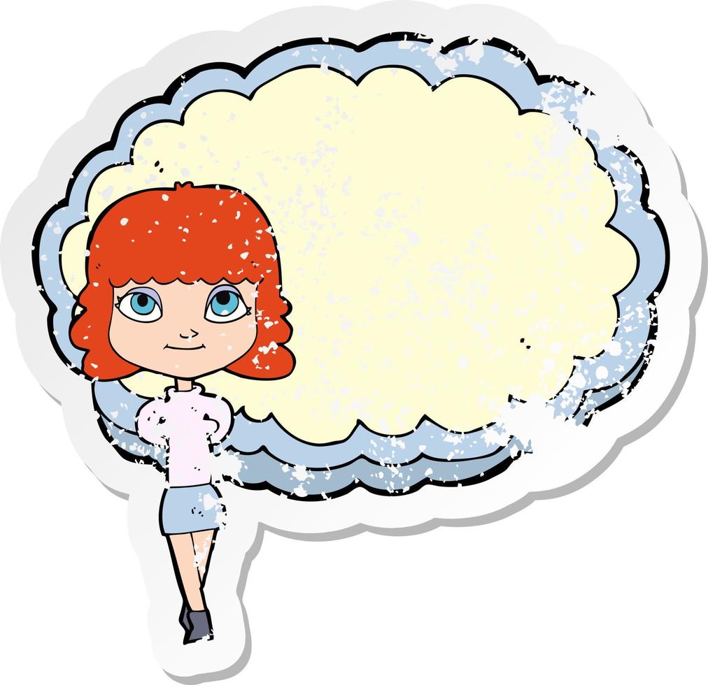 retro distressed sticker of a cartoon woman in front of cloud vector