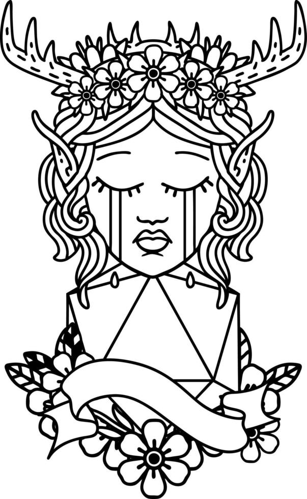estilo de línea de tatuaje en blanco y negro cara de personaje de druida elfo llorando con un rollo natural vector