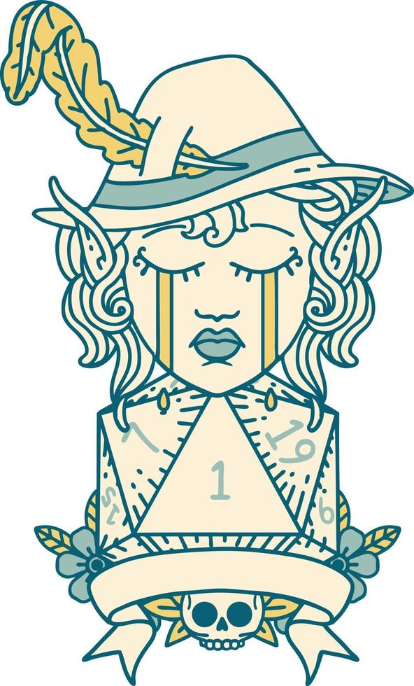 Retro Tattoo Style crying elf bard character with natural one D20 roll vector