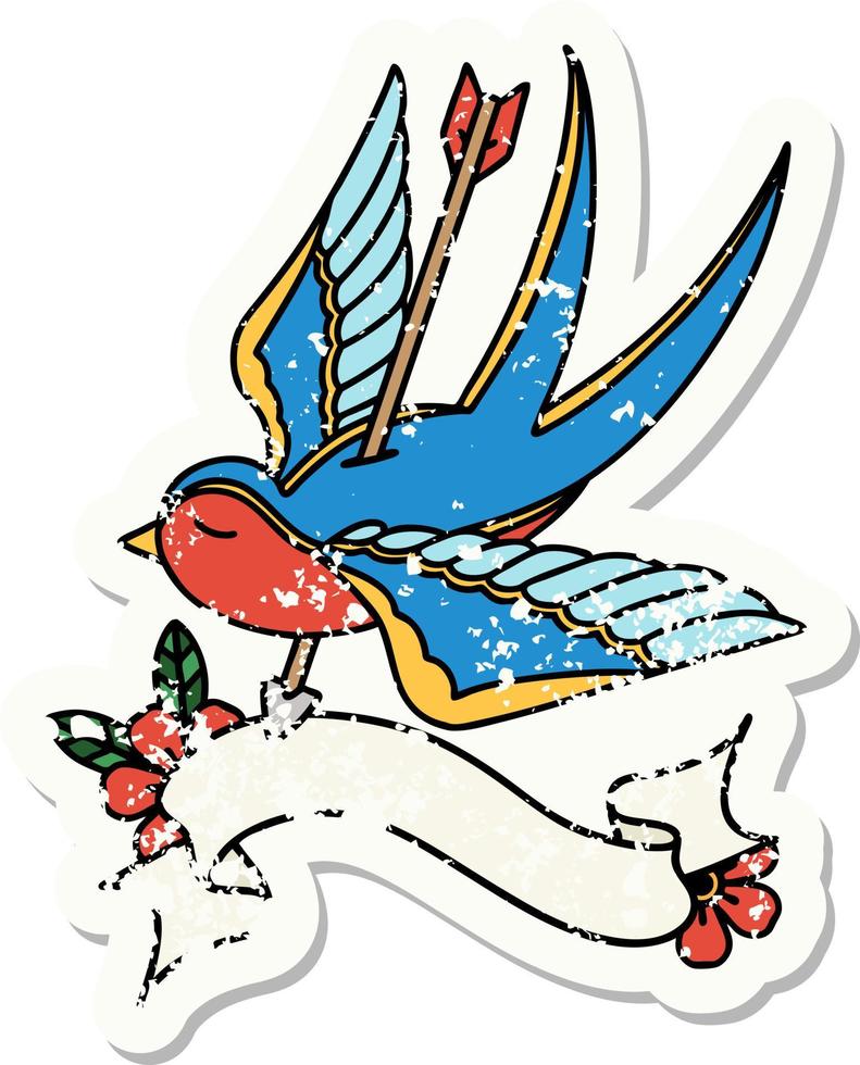 worn old sticker with banner of a swallow pierced by arrow vector