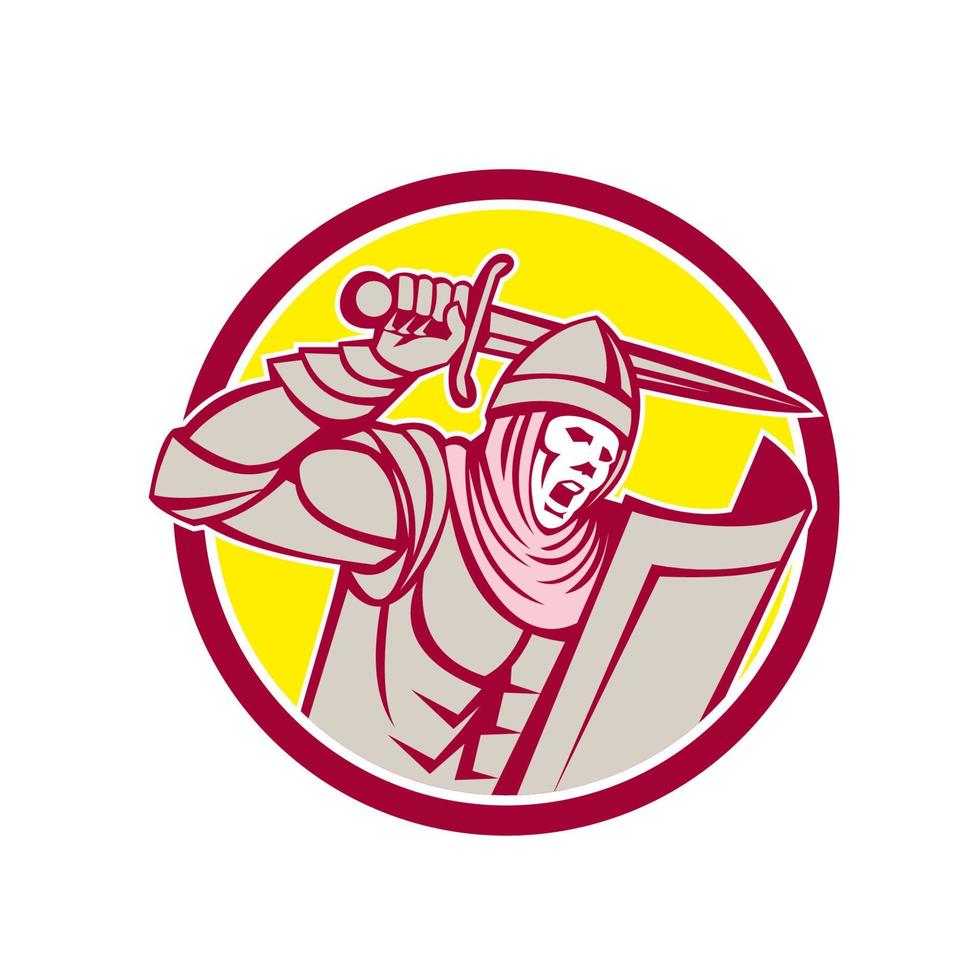 Crusader Knight With Sword and Shield Circle Retro vector