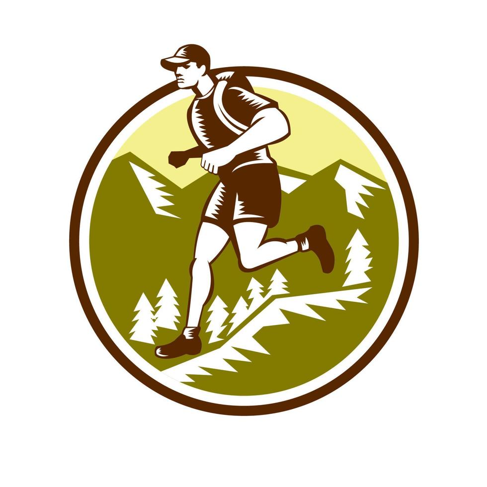 Cross Country Runner Mountains Circle Woodcut vector