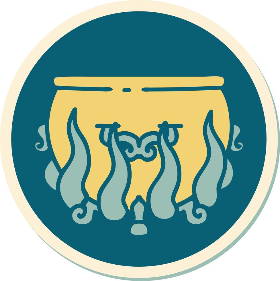 sticker of tattoo in traditional style of a lit cauldron vector