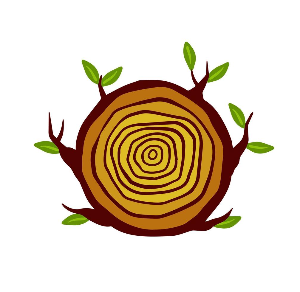 Cut tree trunk. Stump cross section. Concentric circular pattern on brown wood. Logger and Woodworking Industry Icon. Branch with leaves vector