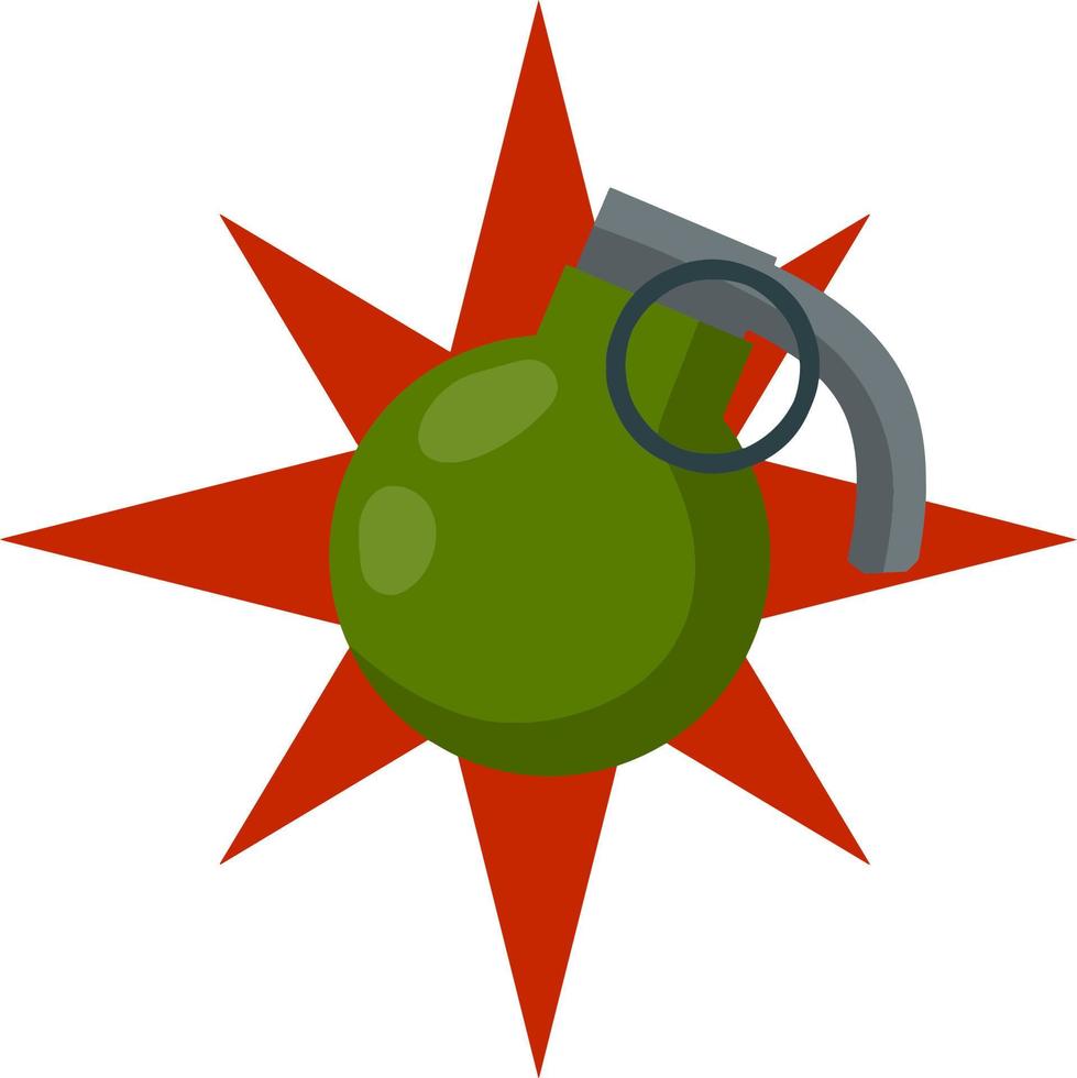 Grenade explosion. Green bomb. Weapons and bombshell. Red flash. Soldier's equipment and ammunition. Element of modern warfare. Cartoon flat illustration. Detonation and impact vector