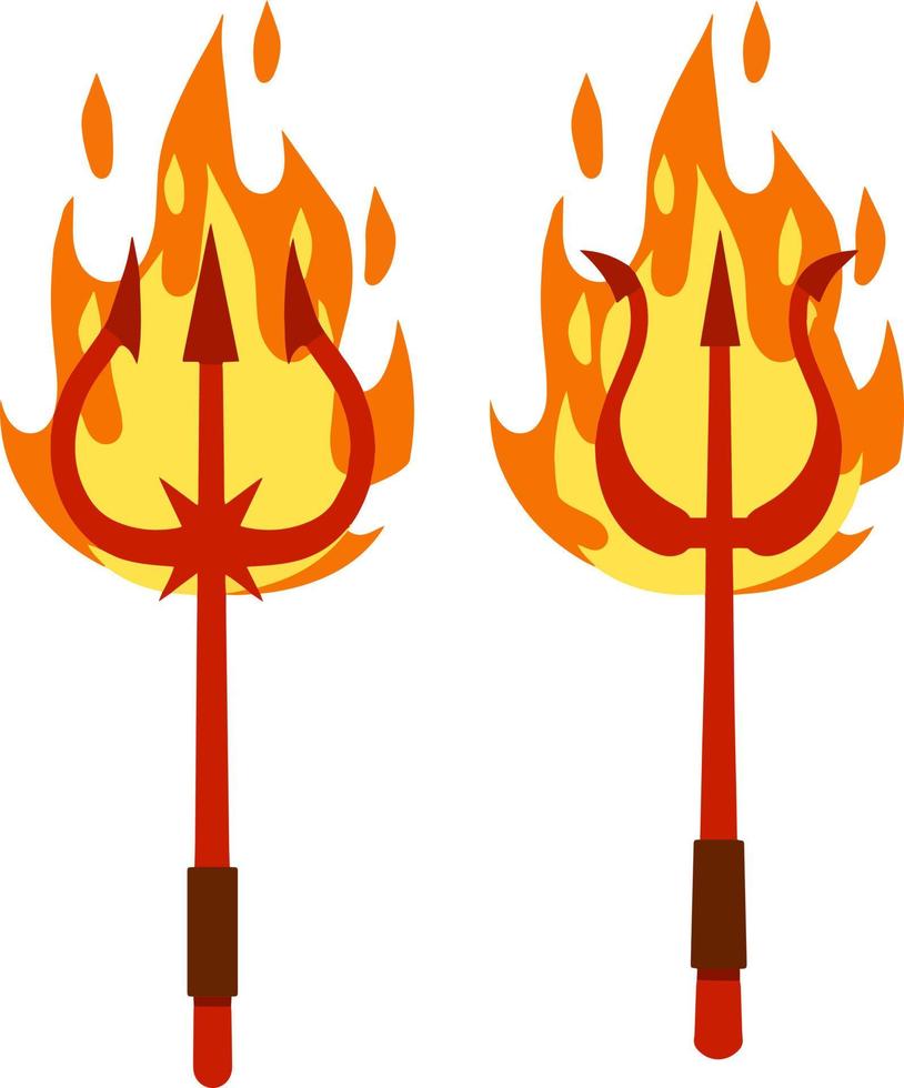 Devil Trident. Hell fork. Cartoon flat illustration. Set of Halloween red evil demon costume item. Weapon Of Satan with fire and flame vector