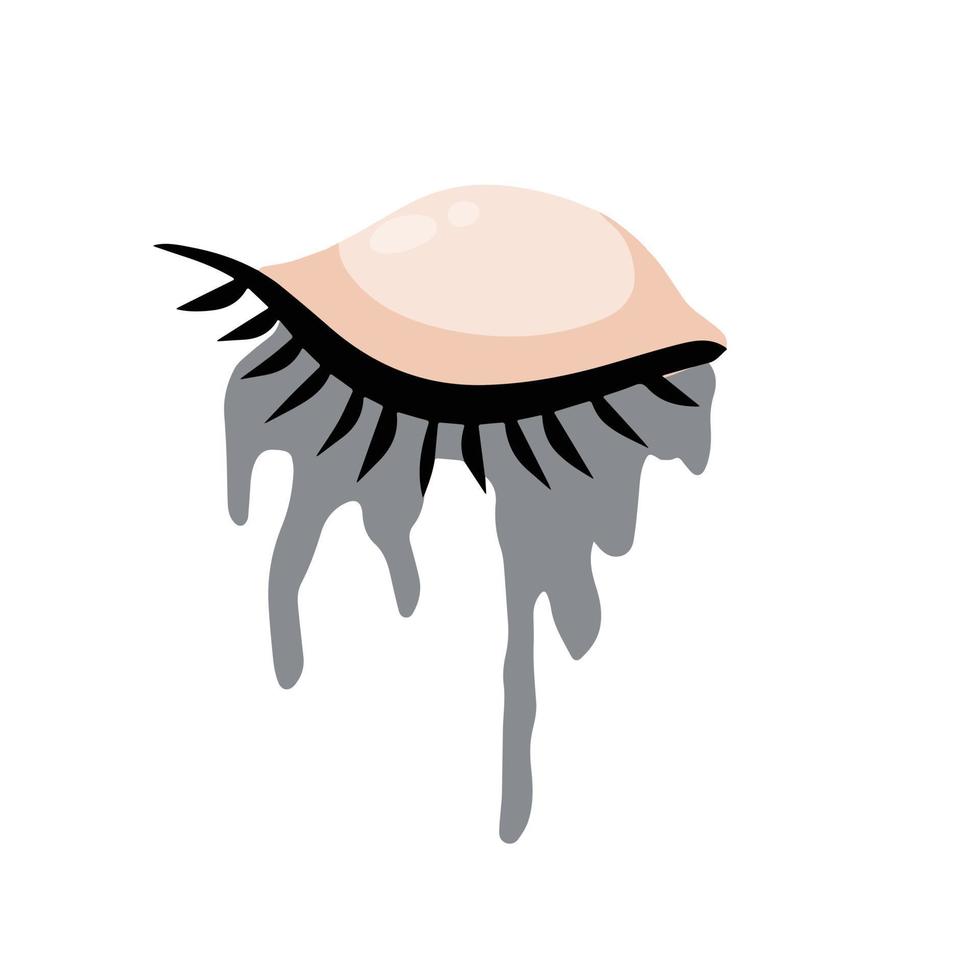 Crying eye. Smeared mascara. Black ink cosmetics on face. Closed eyelid with eyelashes. Stress and frustration. Flat cartoon vector