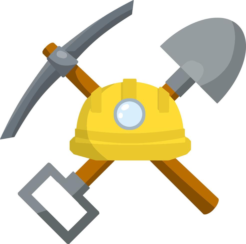 Set of objects of miner. extraction of mineral. Builder helmet with lamp, pickaxe. Cartoon flat illustration. Technical work in mine vector