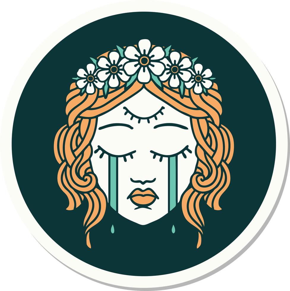 sticker of tattoo in traditional style of female face with third eye and crown of flowers cyring vector