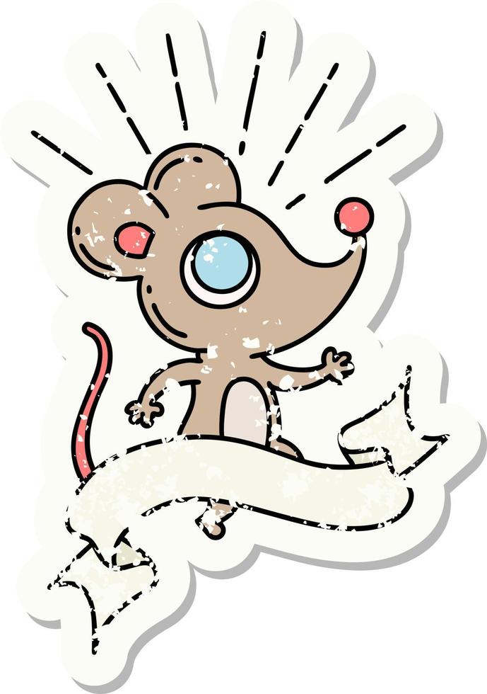 worn old sticker of a tattoo style mouse character vector