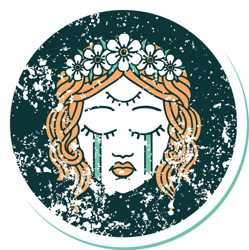 icónica imagen de estilo tatuaje de pegatina angustiada de rostro femenino con tercer ojo y corona de flores llorando vector