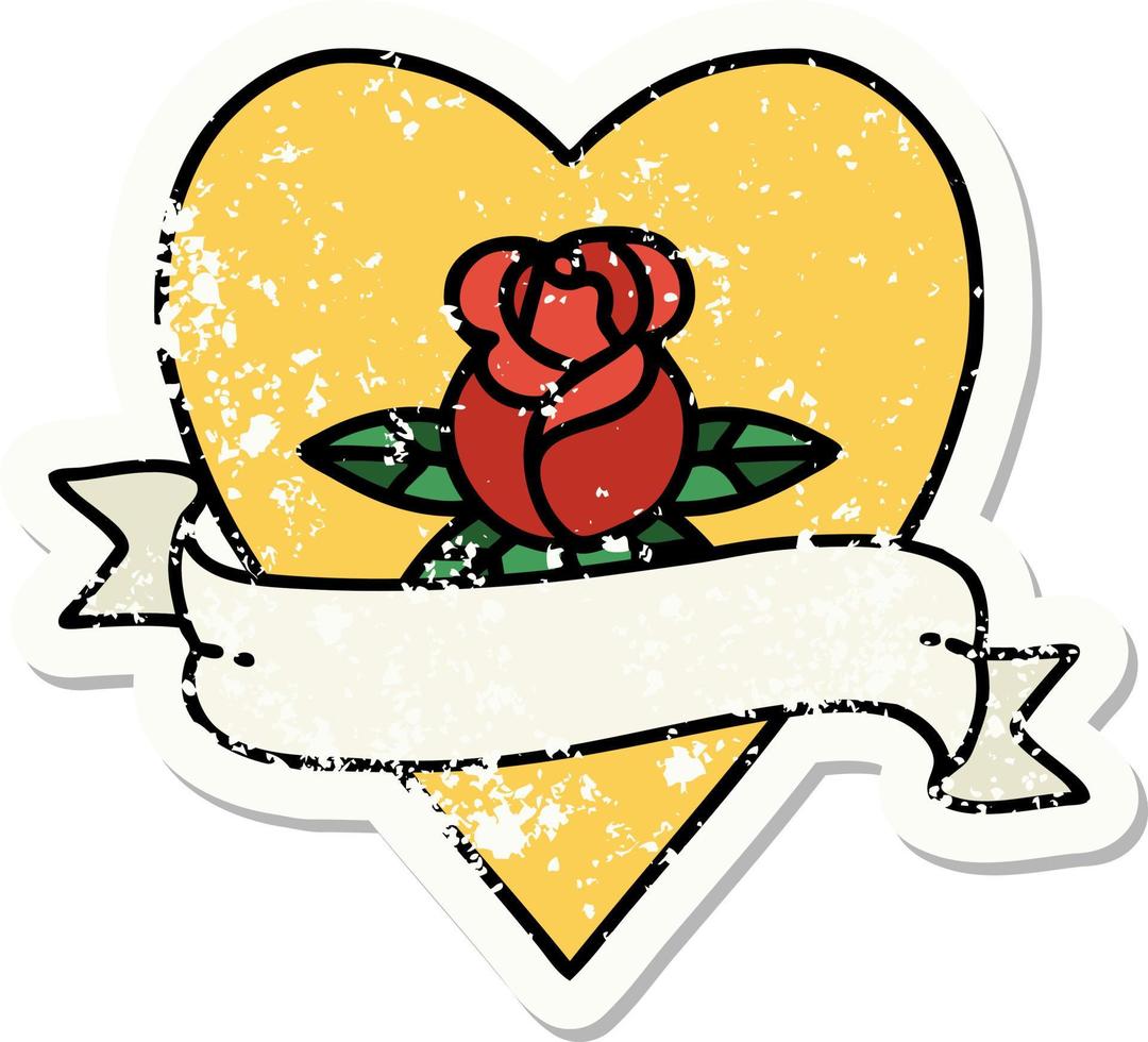 tatuaje de pegatina angustiado al estilo tradicional de una rosa de corazón y pancarta vector