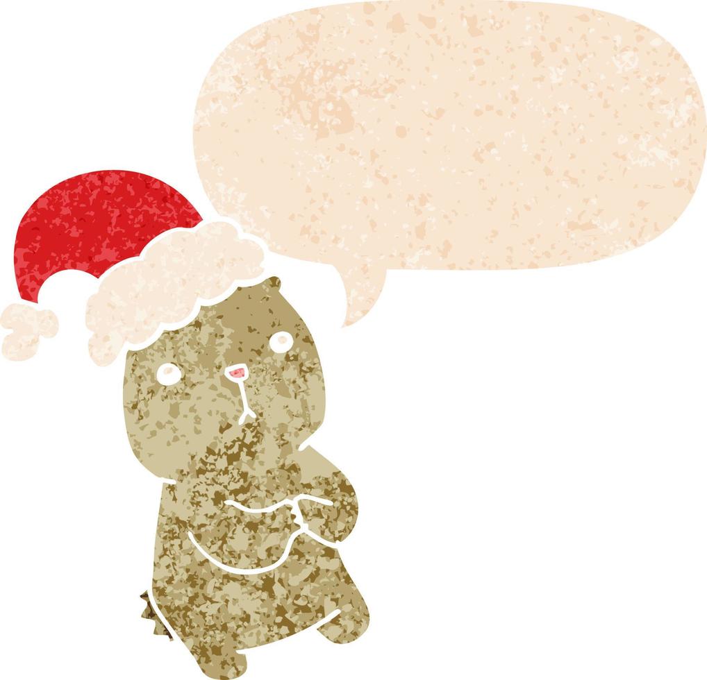 cartoon christmas bear worrying and speech bubble in retro textured style vector