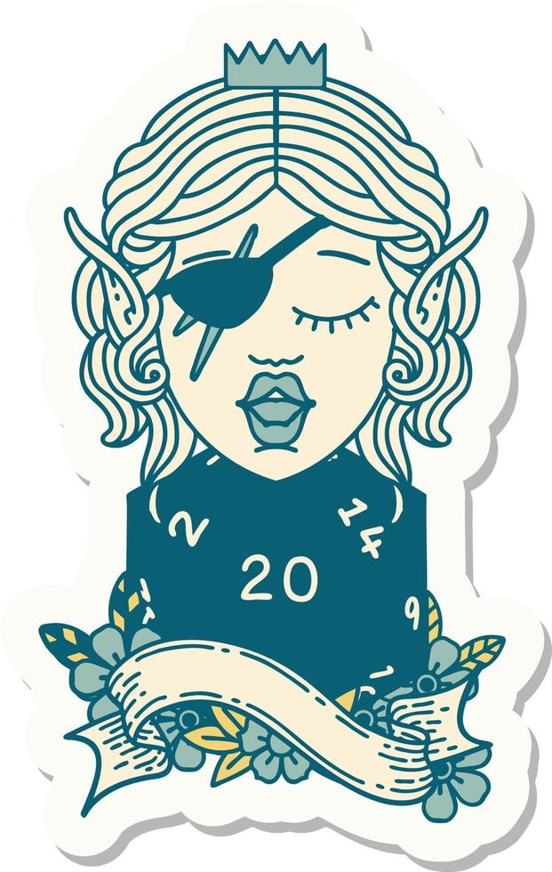 sticker of a elf rogue with natural twenty dice roll vector