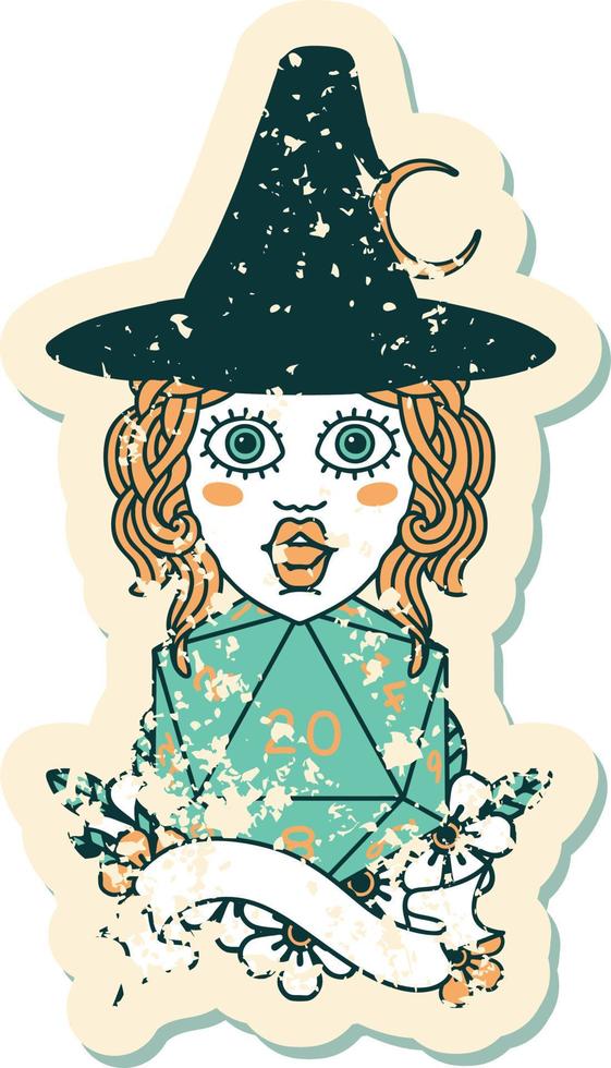 Retro Tattoo Style human mage with natural twenty dice roll vector