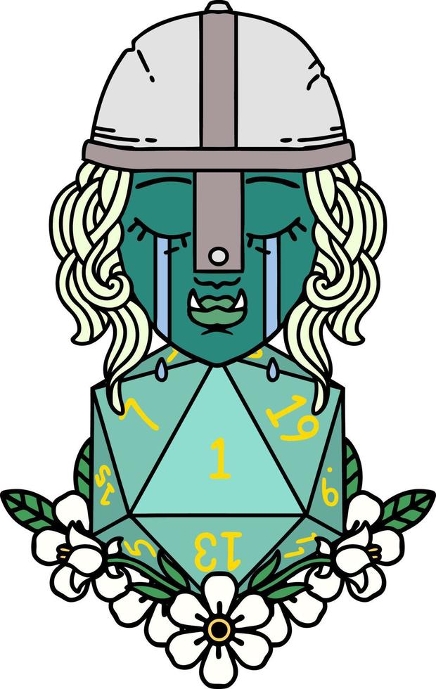 Retro Tattoo Style crying orc fighter character with natural one D20 roll vector