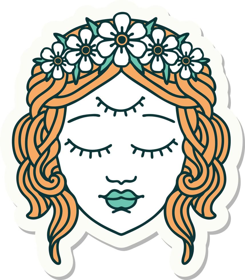 sticker of tattoo in traditional style of female face with third eye vector