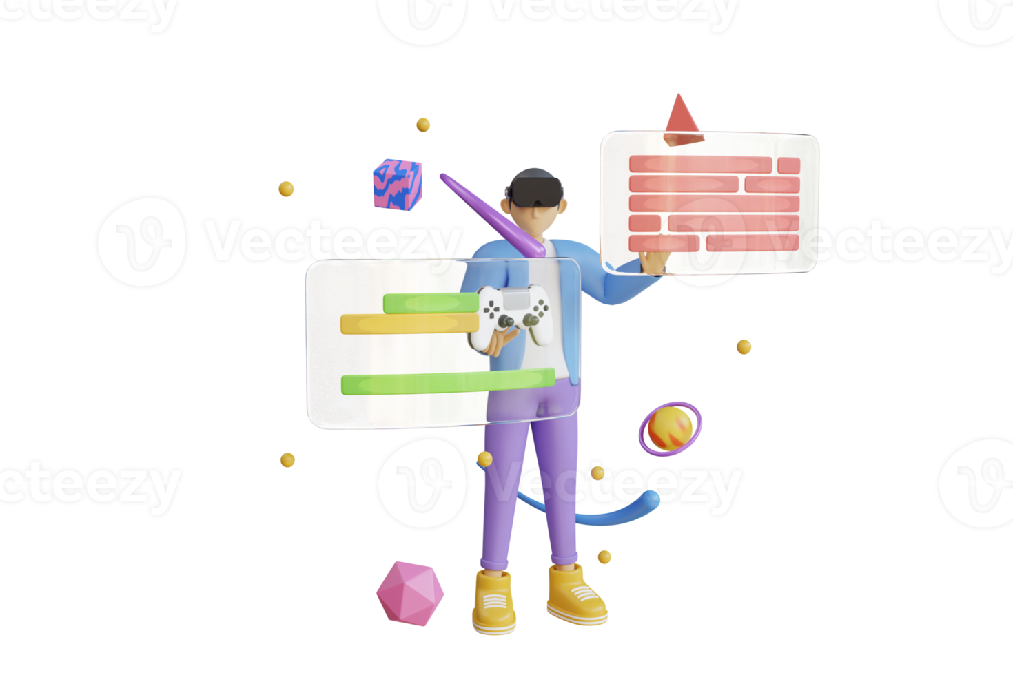 3D Virtual reality headset and controllers for gaming. Metaverse technology concept. 3D cartoon character man wearing virtual reality glasses and floating in the air playing a game. 3d render png