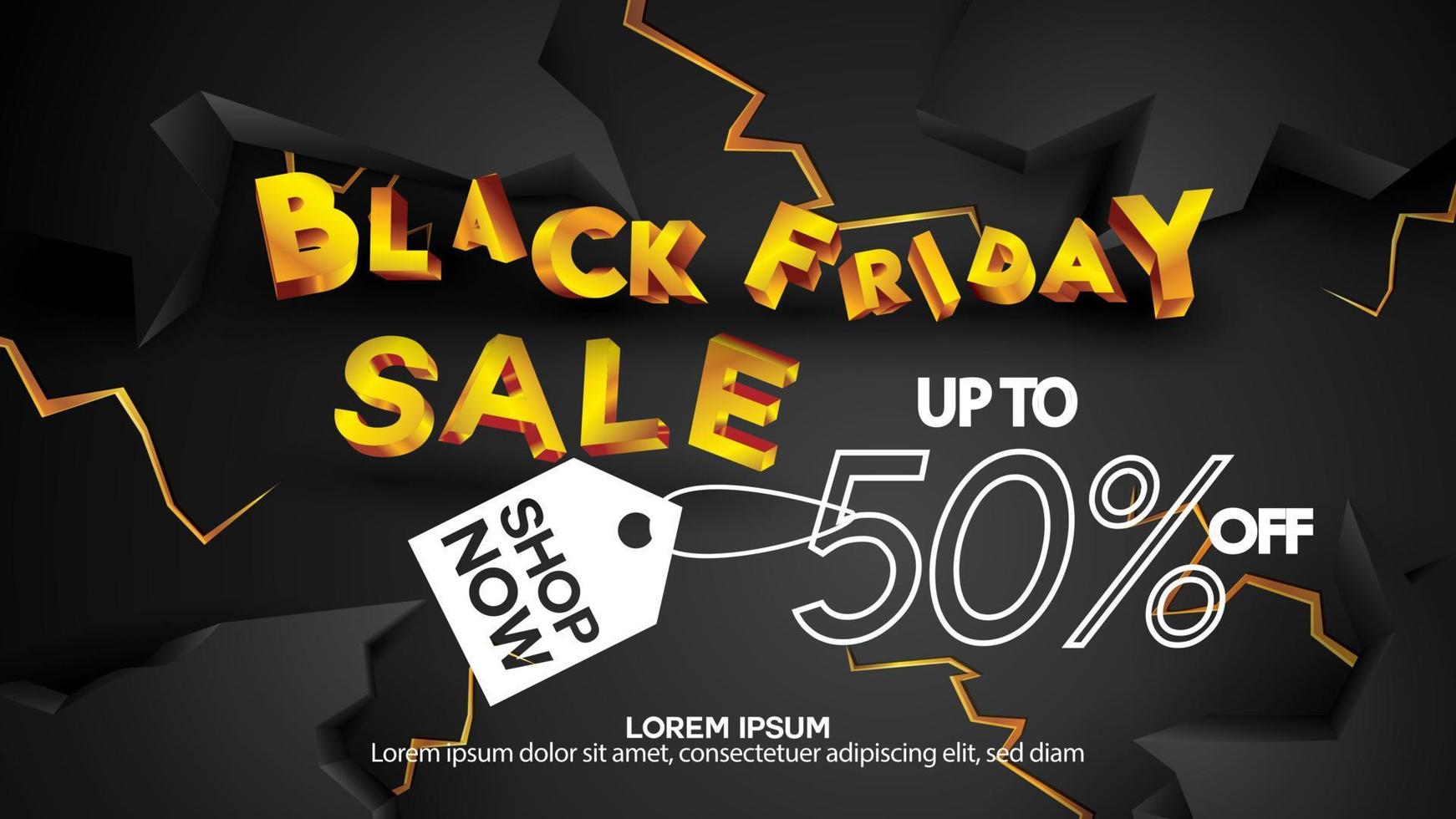 Black friday sale banner layout design background black and gold 50percent discount offer vector