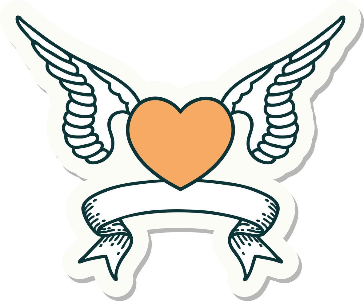 pegatina estilo tatuaje con pancarta de un corazón con alas vector