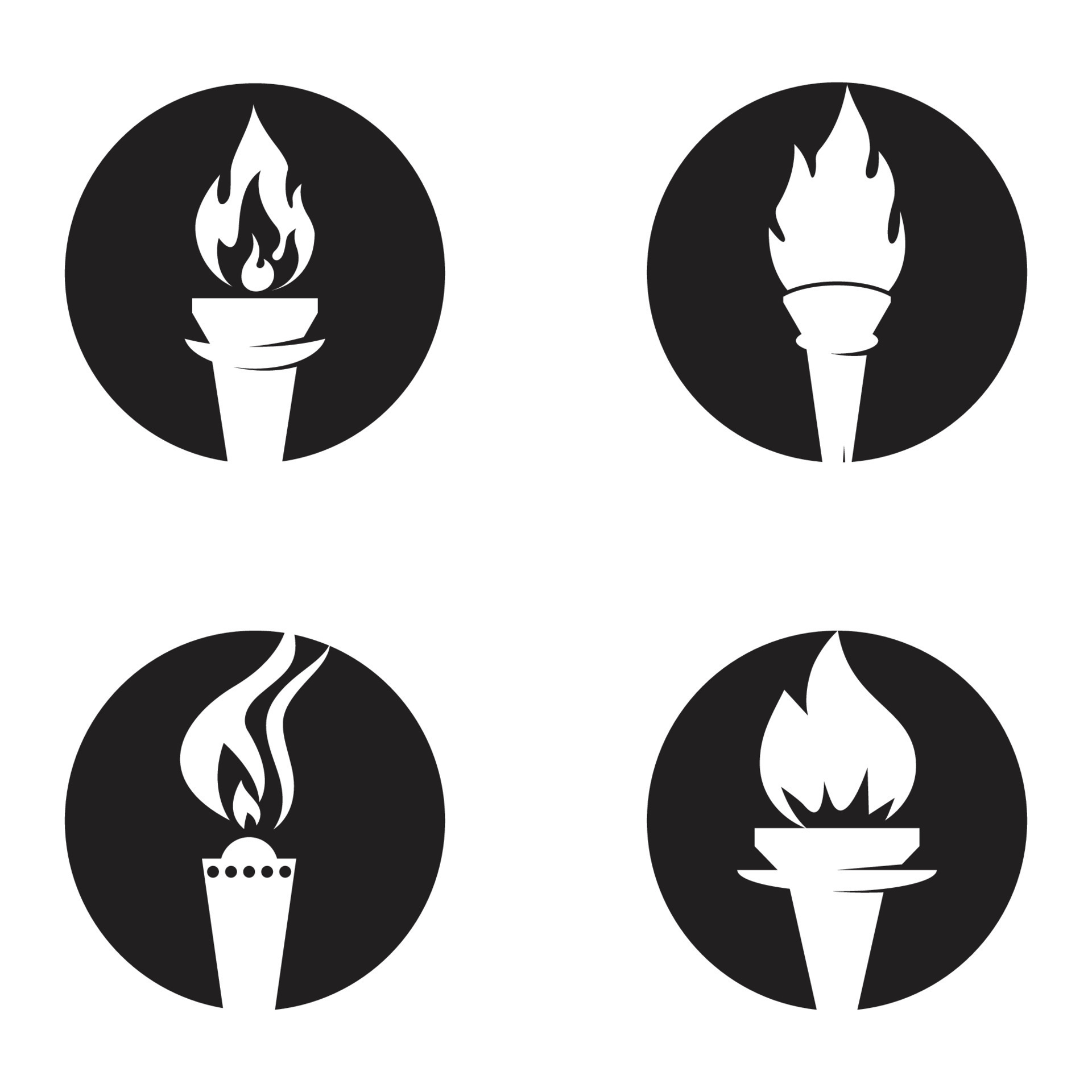 Fire torch with flame flat icons set. Collection of symbol flaming