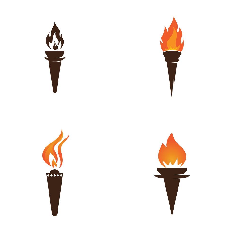 Fire torch with flame flat icons set. Collection of symbol flaming, illustration vector