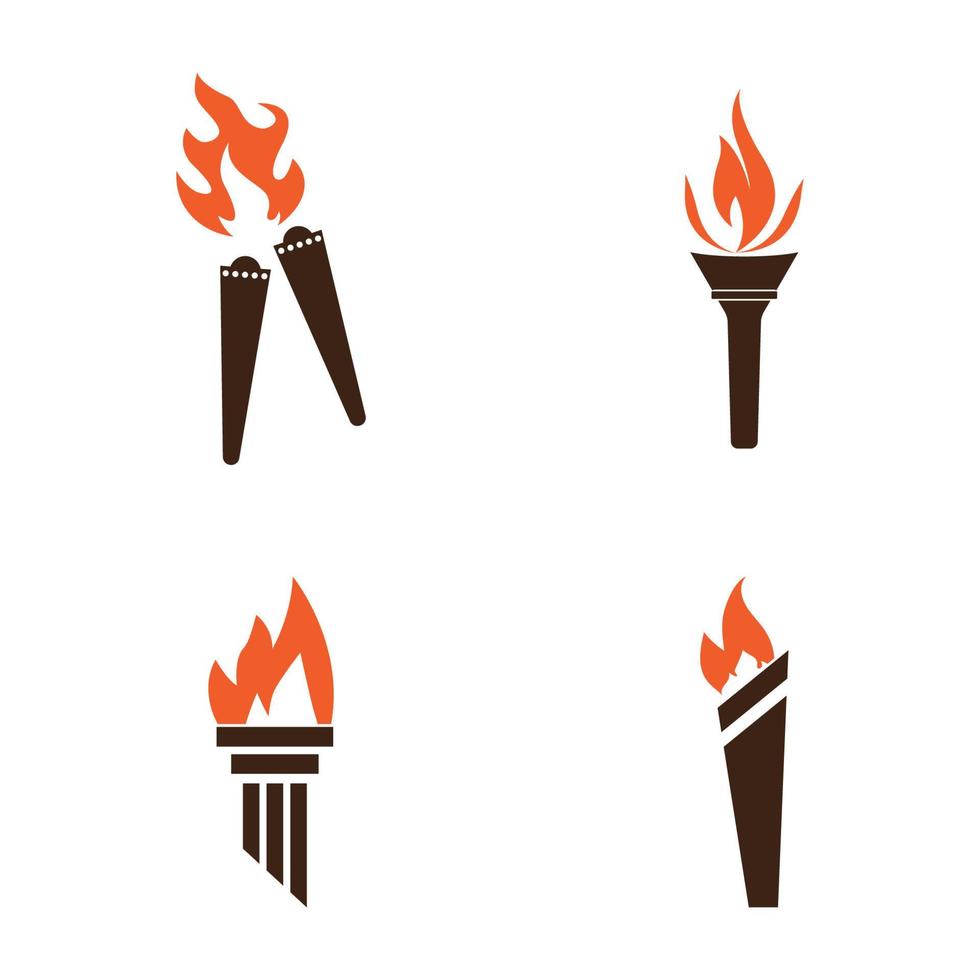 Fire torch with flame flat icons set. Collection of symbol flaming