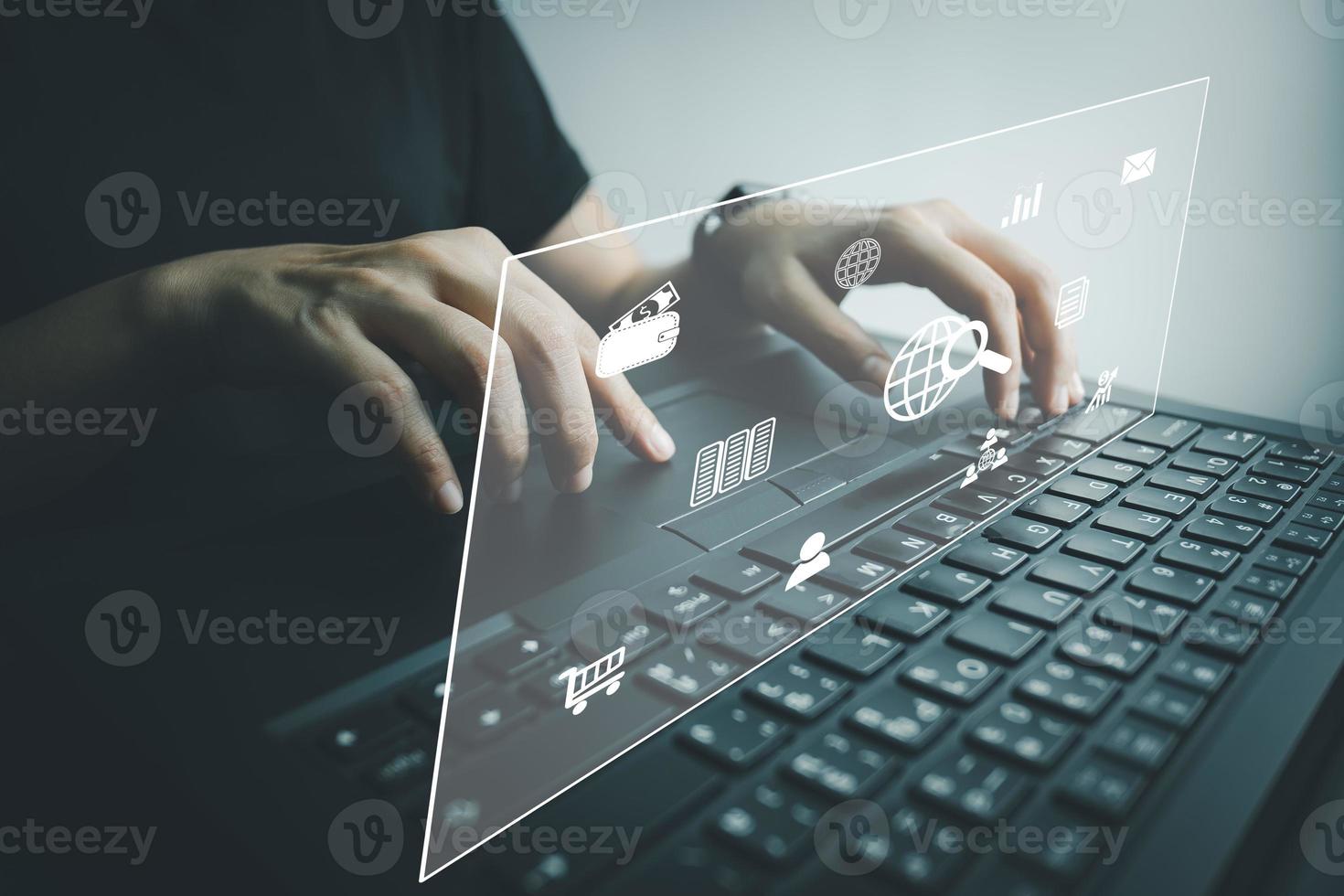 SEO Search engine optimization, Search technology, women's hands using a computer keyboard to search for information, using websites search bar to find the desired information or shopping online. photo