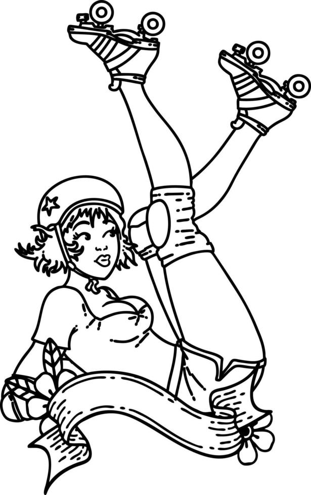 tattoo in black line style of a pinup roller derby girl with banner vector