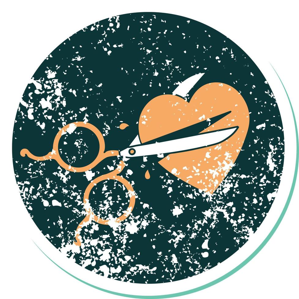 iconic distressed sticker tattoo style image of scissors cutting a heart vector