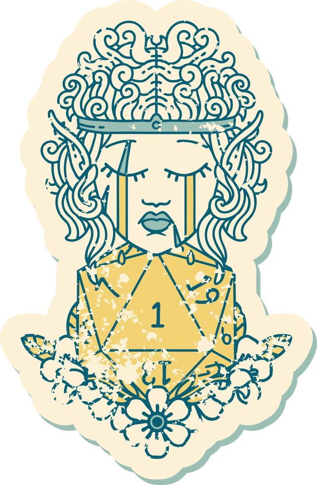 Retro Tattoo Style crying elf barbarian character with natural one D20 roll vector