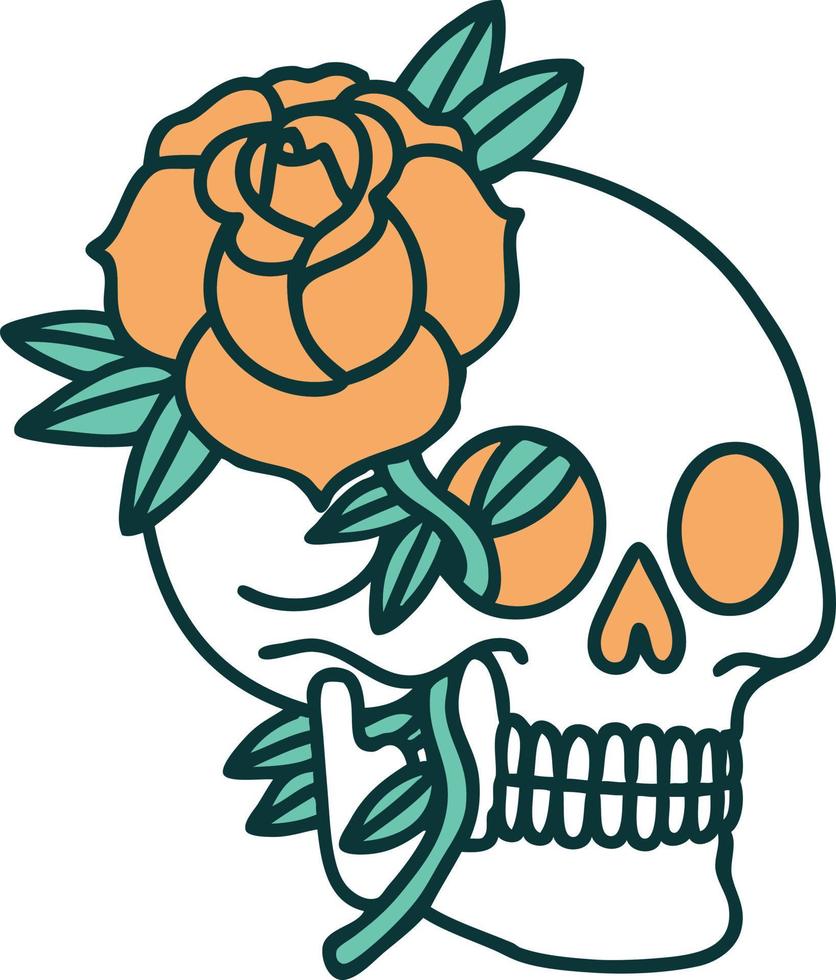 imagen icónica de estilo tatuaje de una calavera y una rosa vector
