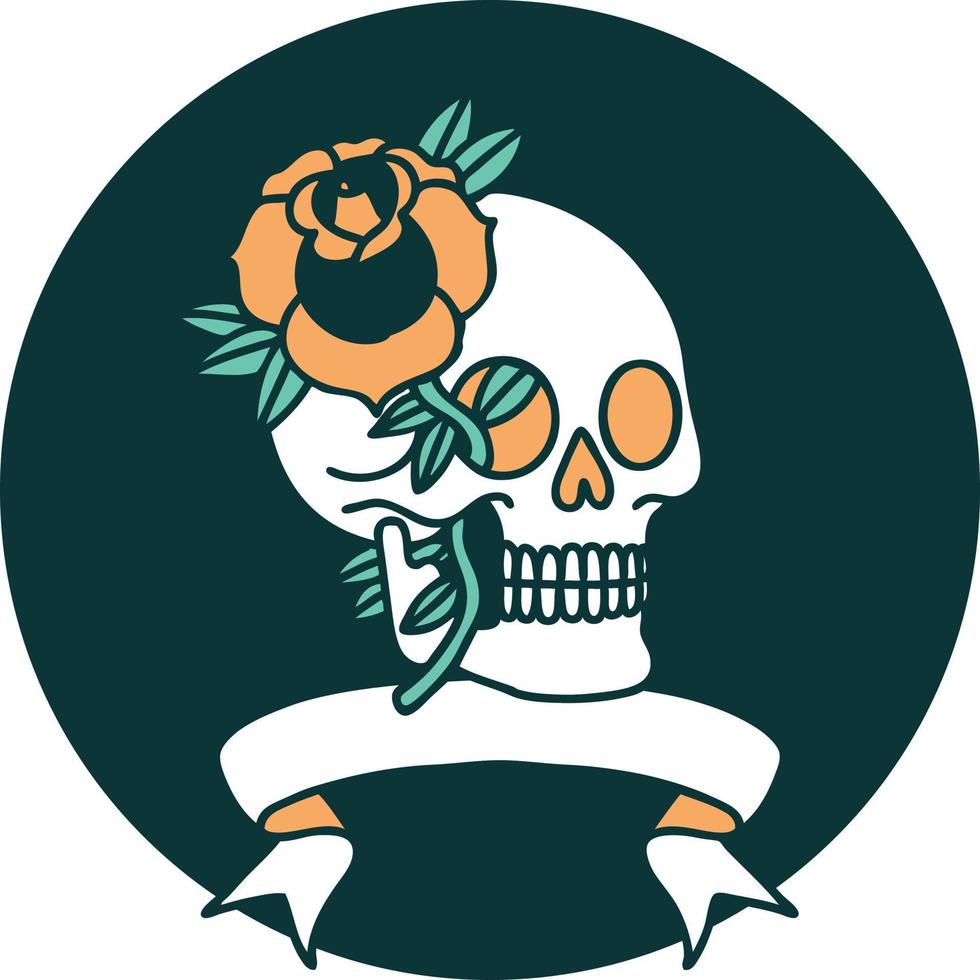 tattoo style icon with banner of a skull and rose vector