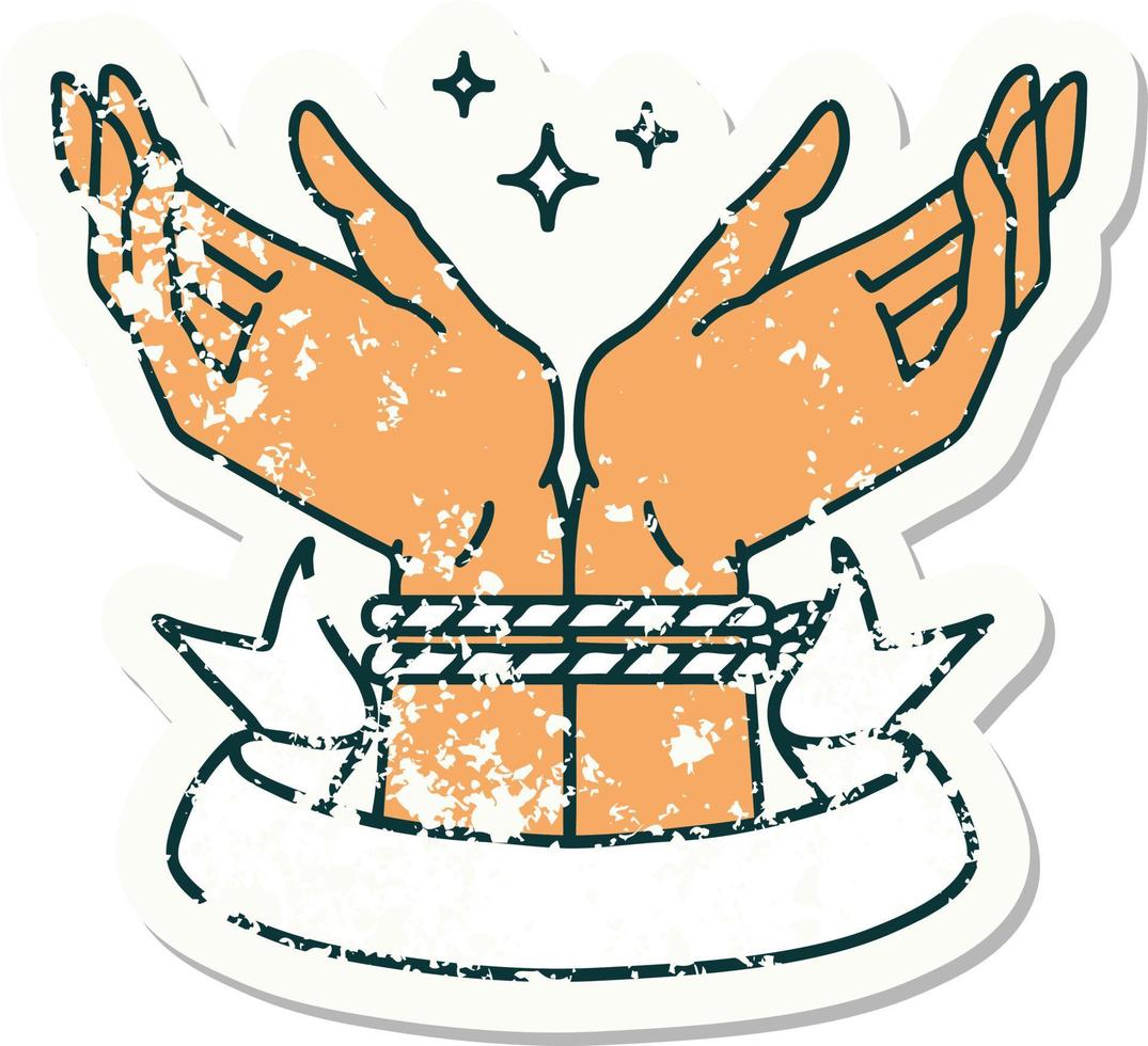 worn old sticker with banner of a pair of tied hands vector