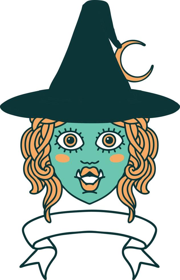 Retro Tattoo Style half orc witch character face with banner vector
