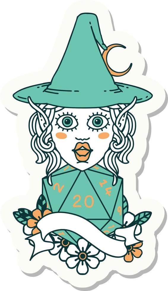 sticker of a elf mage character with natural twenty dice roll vector
