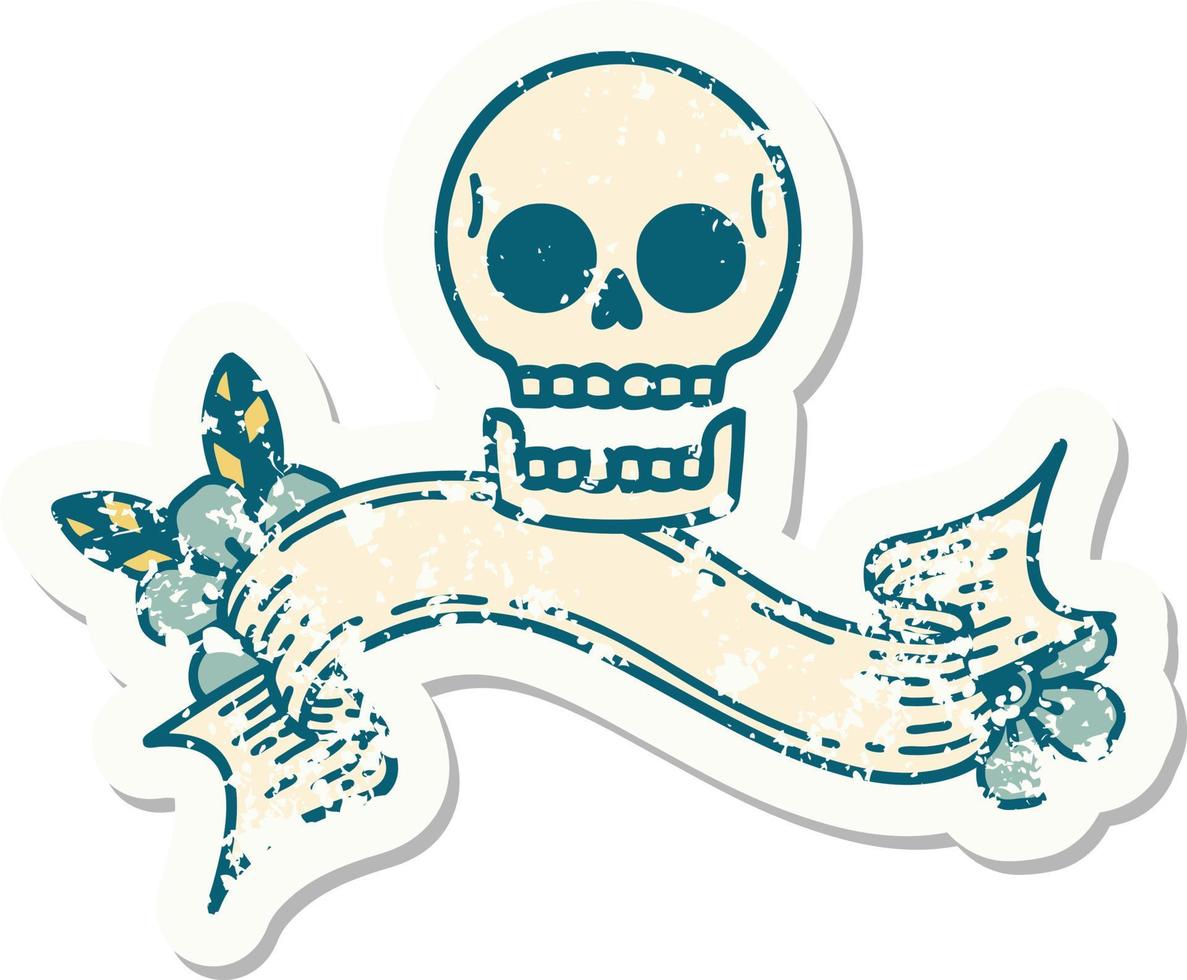 worn old sticker with banner of a skull vector