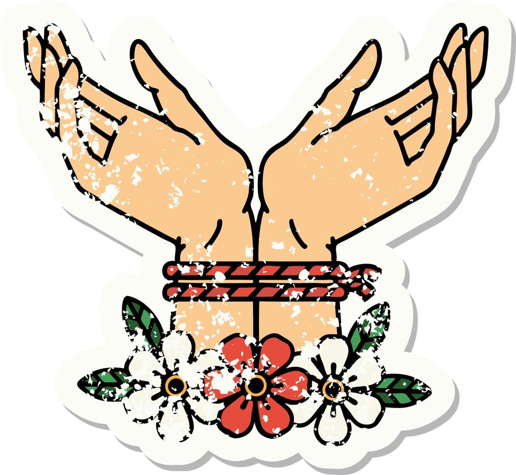 distressed sticker tattoo in traditional style of hands tied vector