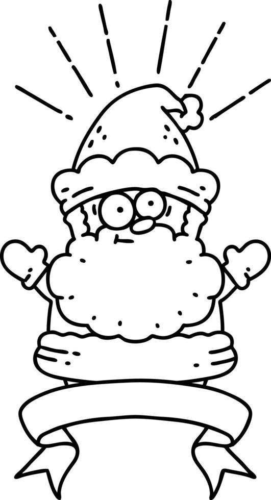 scroll banner with black line work tattoo style santa claus christmas character vector