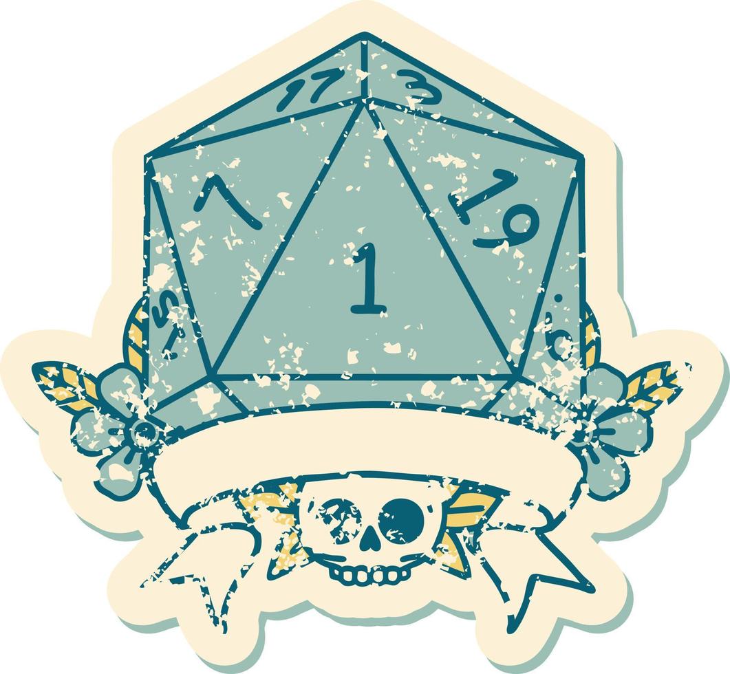 Retro Tattoo Style natural one d20 dice roll vector