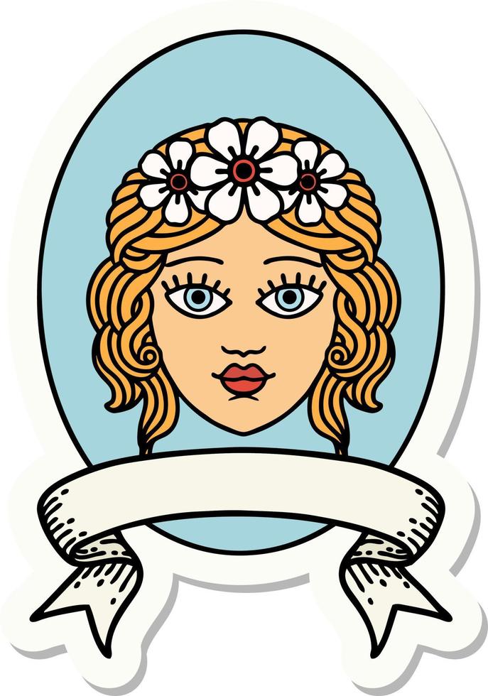 tattoo style sticker with banner of a maiden with crown of flowers vector
