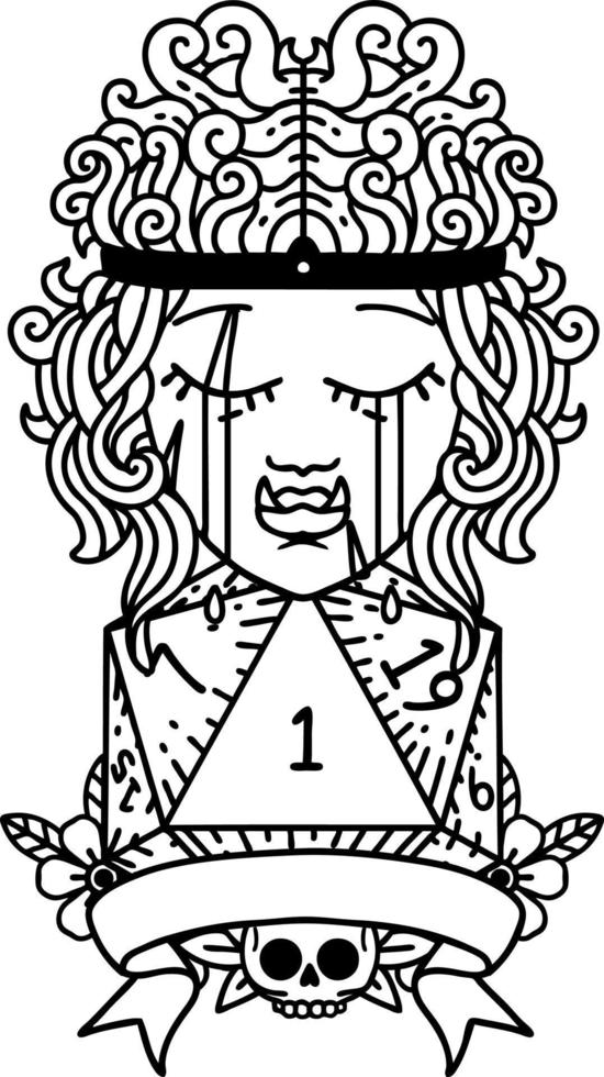 Black and White Tattoo linework Style crying orc barbarian character with natural one D20 roll vector