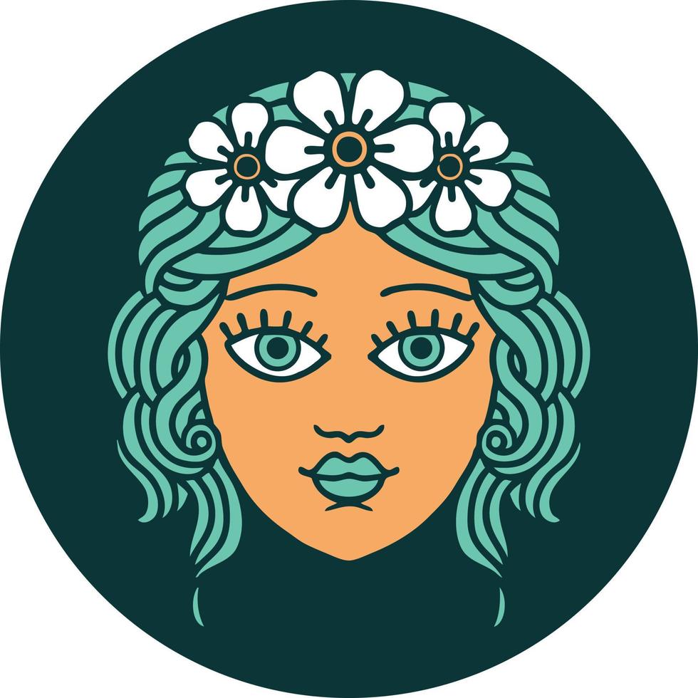 iconic tattoo style image of female face with crown of flowers vector